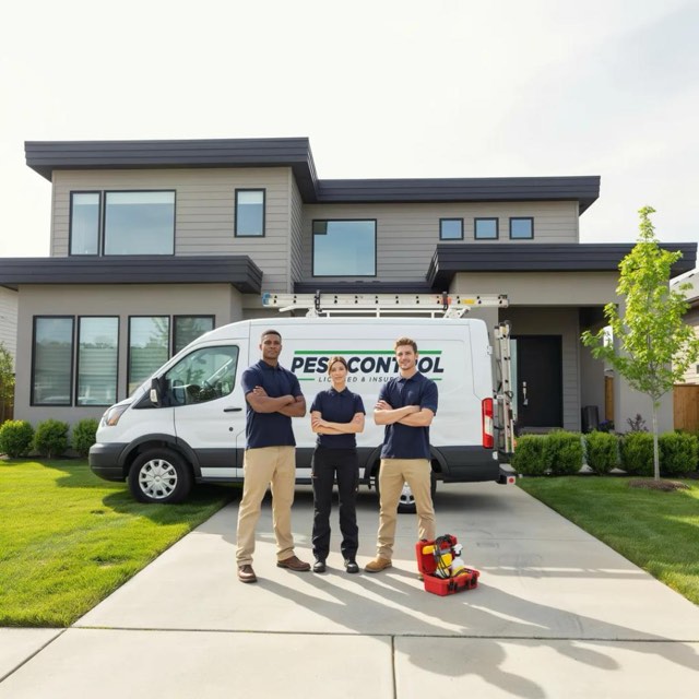 Pest Control Green Bay Wisconsin service van and team outside a customer's home